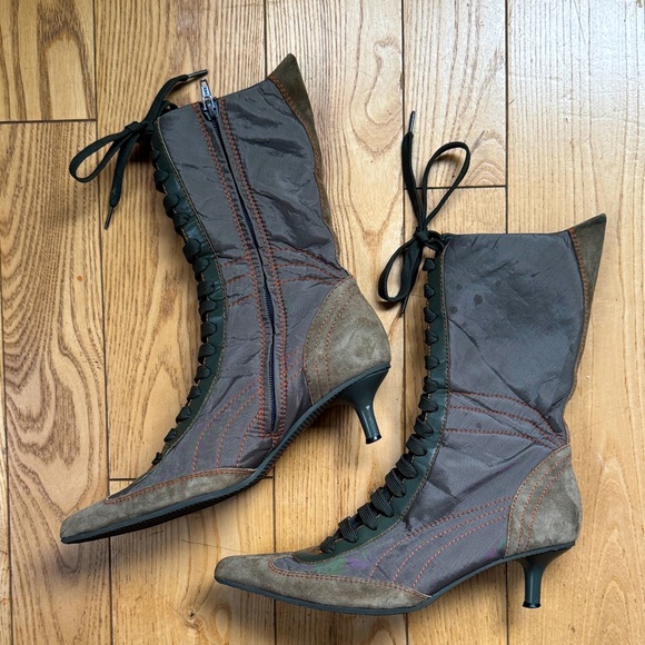 Vintage Fornarina green quilted suede lace up kitten heel boots GVC size 37/6.5 - Picture 1 of 16